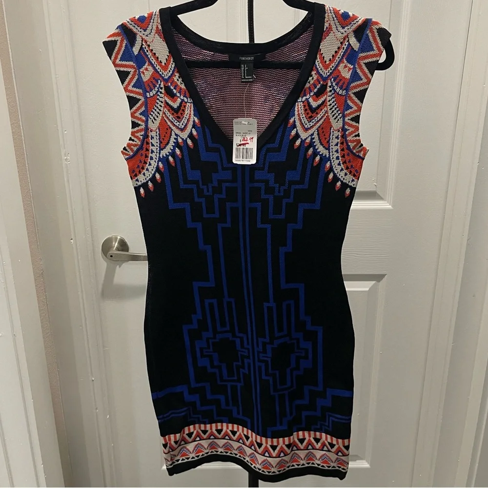 🛑 Forever 21 Black and Blue Geometric/Art Deco Bodycon Mini Dress - Picture 2 of 4